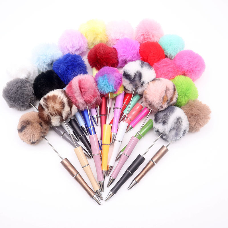 Wholesale Beadable Pens Pom Pom Beadable Pen Leopard Print Plush Multicolor DIY Fluffy Pens
